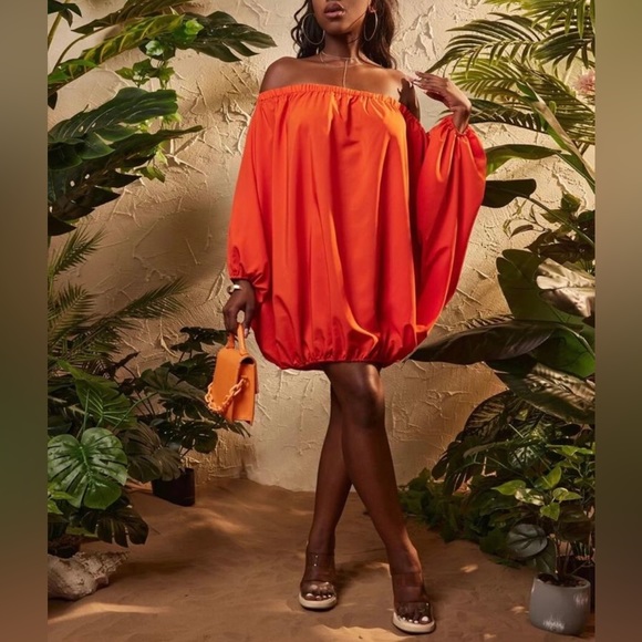 Burnt Orange Off Shoulder  dolman Sleeve Balloon Dress - Picture 2 of 3
